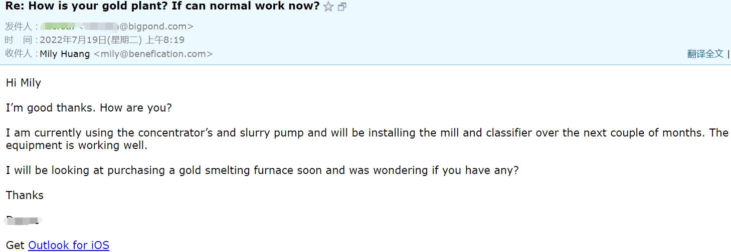 Feedback sobre a qualidade do equipamento de mineração do cliente da Austrália